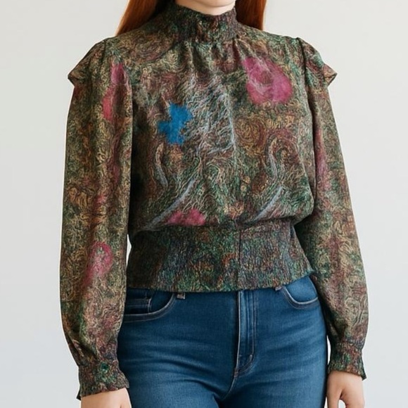 Lavender Brown Paisley & Floral Smocked Blouse with Mandarin Collar Size Large L - Picture 1 of 8